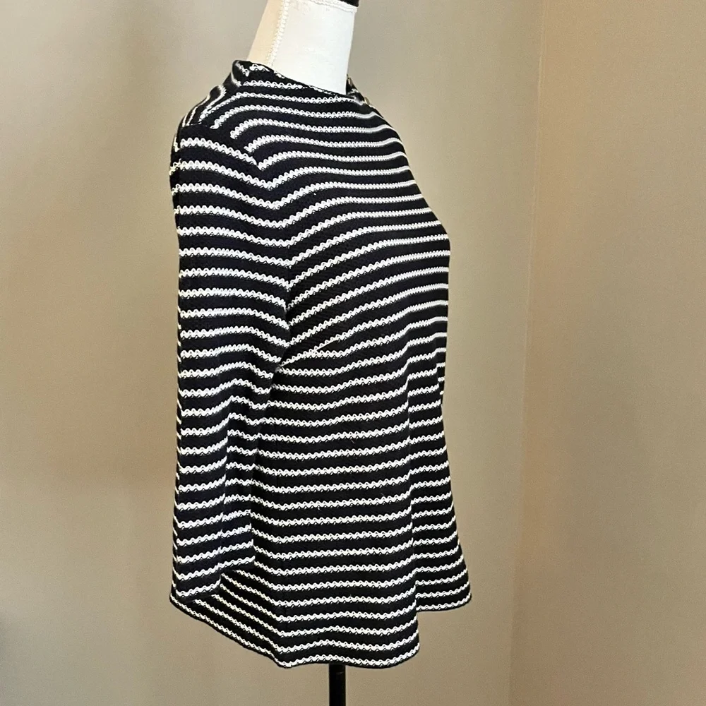 Talbots Sweater Womens Petite L Black White Stripes Knit Gold Button Nautical